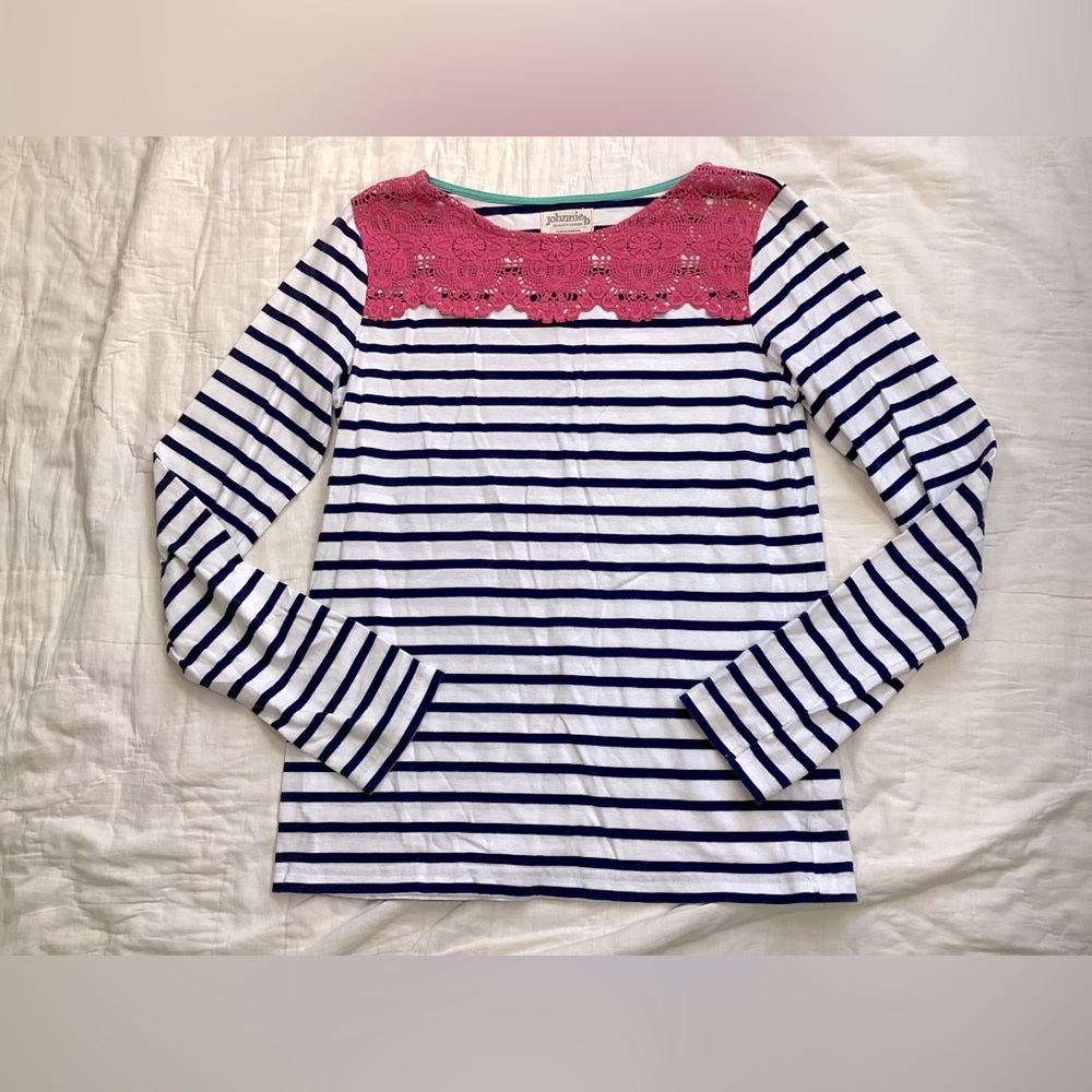 Girls JohnnieB Boden Striped Breton LS‎ Tee Pink Lace 13-14Y